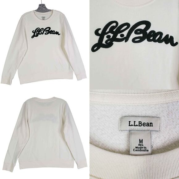 LL Bean Crewneck Pullover Crewneck Sweatshirt Size Medium M Off White Logo - Picture 1 of 8